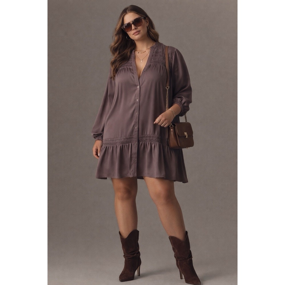 Plus Size Long Sleeve Button-Front Dress in Dusty Mauve